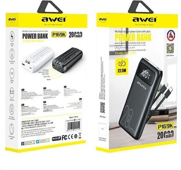 Produktbild Awei PowerBank P169K 20000mAh 22.5W czarny/black wyświetlacz + kable PD/Lightning (20000 mAh, 22 W, 22.50 Wh)