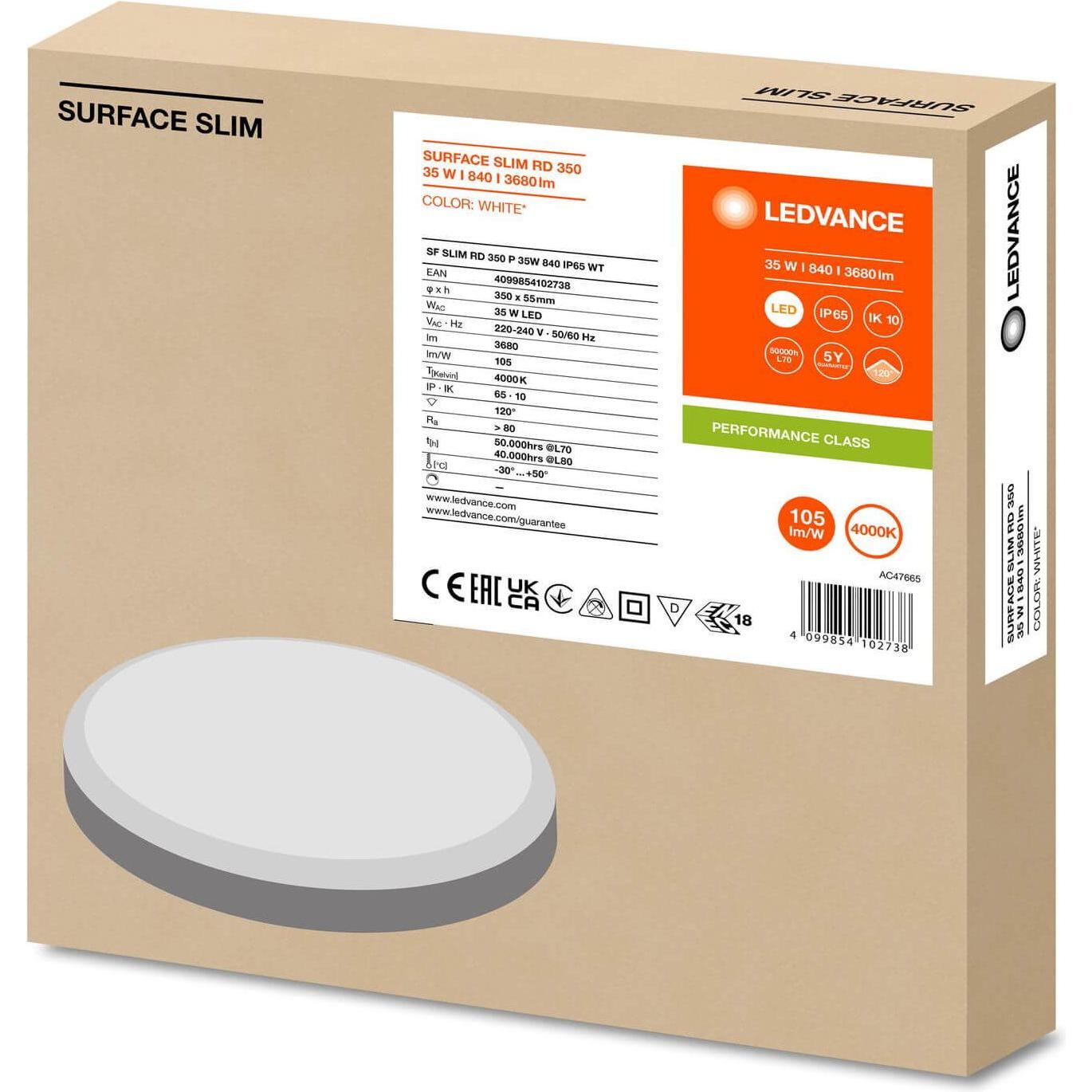 Thumbnail - Ledvance, Wandleuchte + Deckenleuchte, SURFACE SLIM Wand-/Deckenleuchte IK10 rund 350 35W 840 weiss IP65 (3680 lm)