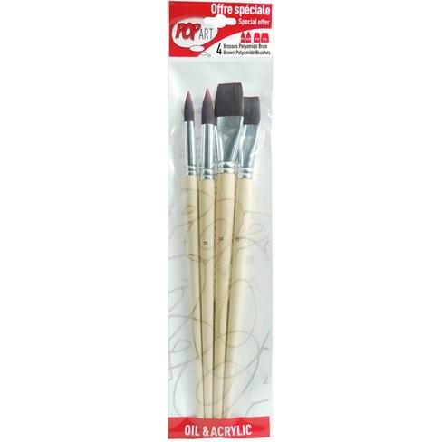Pebeo, Pinsel, Set 4 Langstielige Pinsel Polyamidfaser Braun Rund + Flach