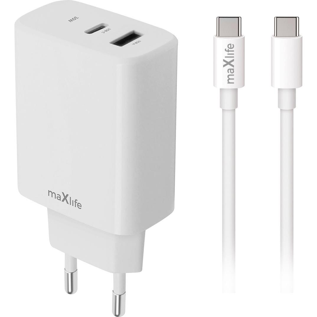 Maxlife MXTC-10-20AC PD QC charger 1x USB-C 1x USB 20W white + USB-C - USB-C cable 20W (20 W, 2 porte), Caricatore USB, Bianco
