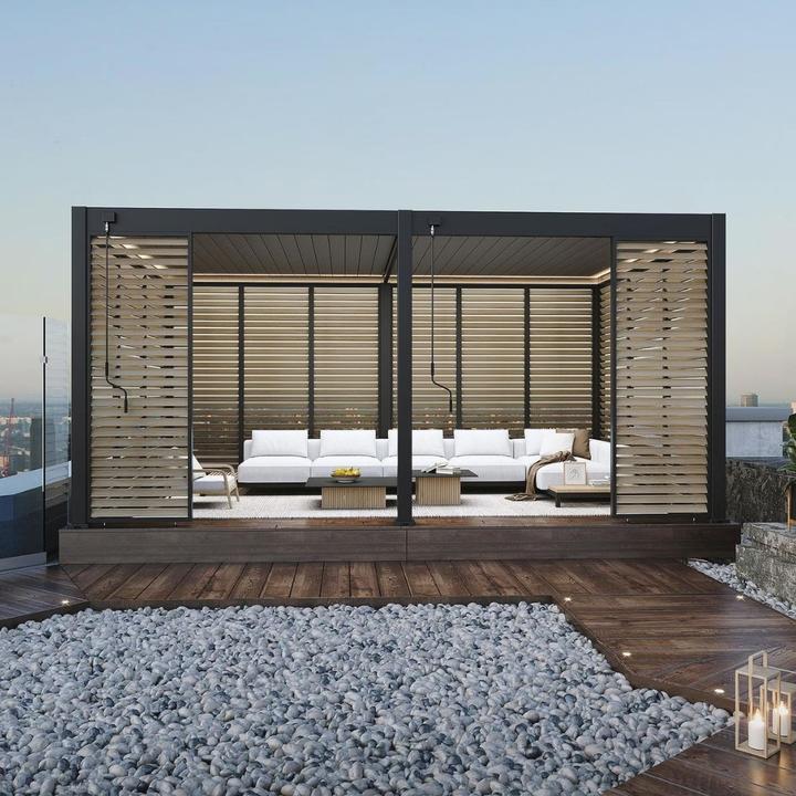 Weide Lamellenwand in Holzoptik mit drehbaren Lamellen in Anthrazit (6 cm, 93 cm)