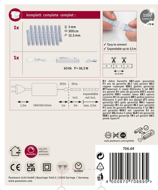 Immagine prodotto Paulmann Set di strisce MaxLED 1000 (Bianco freddo, 300 cm, Interno)