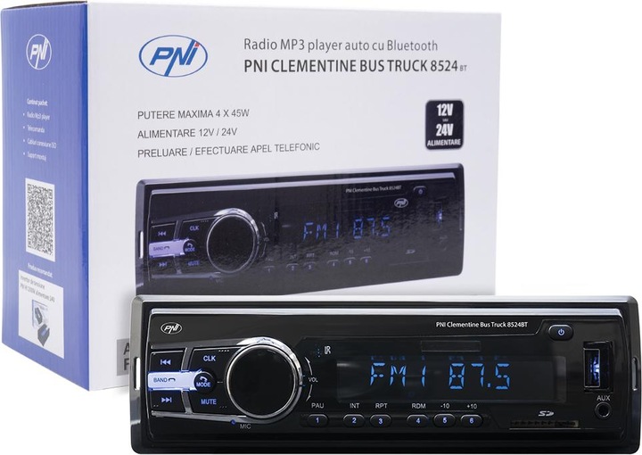 Actual product image PNI Car radio MP3 player Clementine Bus Truck 8524BT RDS 4x45w 12V/24V 1 DIN with SD, USB, AUX, RCA