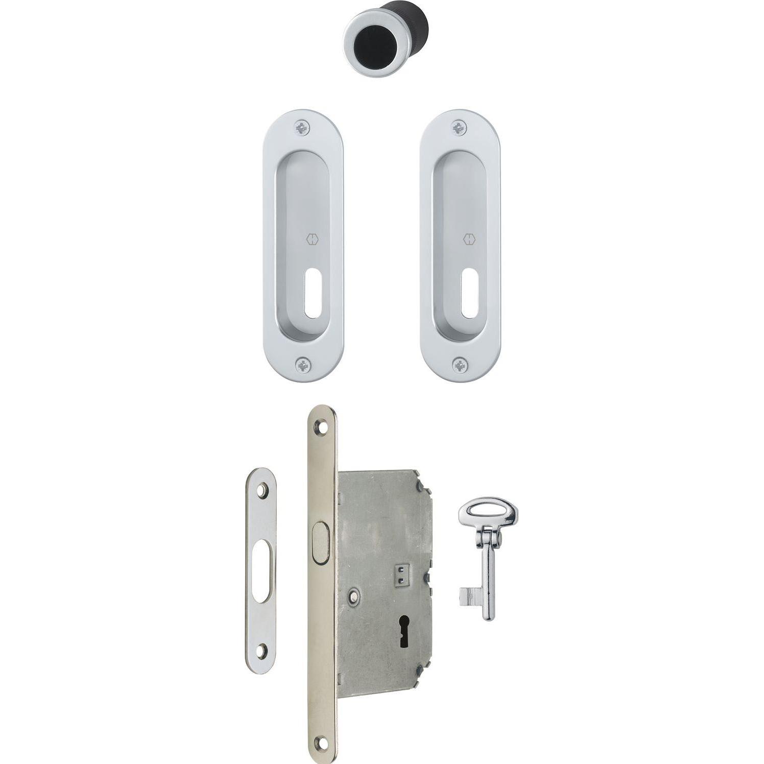 Hoppe, Türgriff + Fenstergriff, Schiebetürmuschel Set 4930 - mit Schloss, ovale Ros. BB, chromfarben sati (Türschild)
