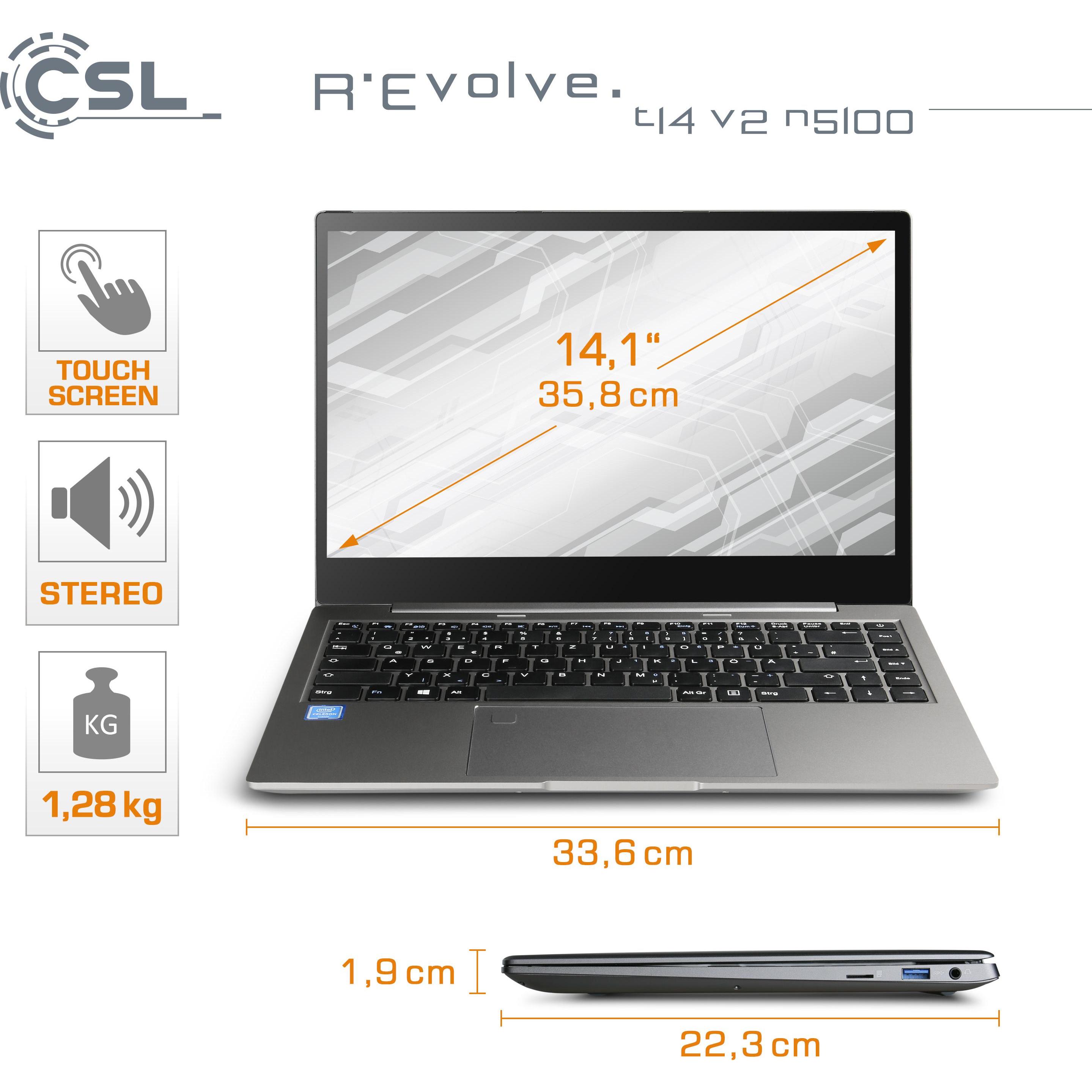 CSL Notebook R'Evolve T14 v2 8 GB 2000 GB Windows 11 Pro (14", Intel Celeron N5100, 8 GB, 2000 GB, DE), Notebook, Grau
