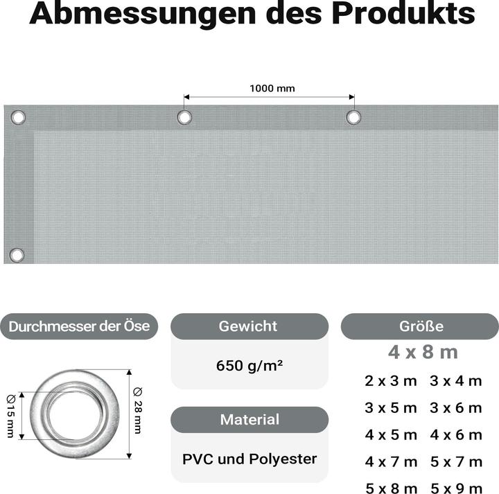 Produktbild Wiltec Abdeckplane wetterfest grau 4x8m Polyester Plane Ösen 650g/m² Gartenplane (4 x 8 m)