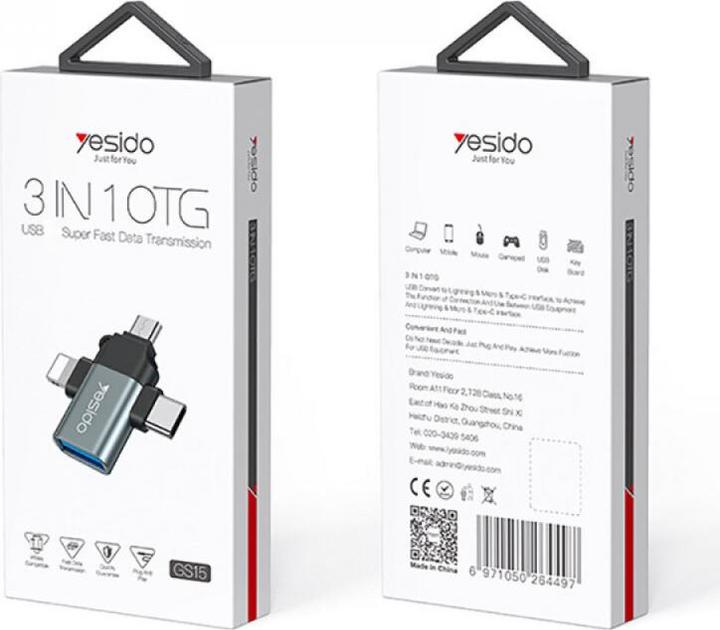 Produktbild Yesido - OTG Adapter (GS15) - USB to Lightning, Micro-USB, Type-C, Plug & Play, 480Mbps - Black (USB-A, Lightning, Micro USB)