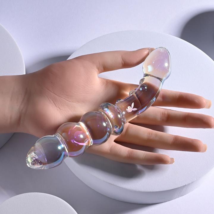 Actual product image Playboy Pleasure Jewels Double Glass Dildo with Anal Beads - Clear