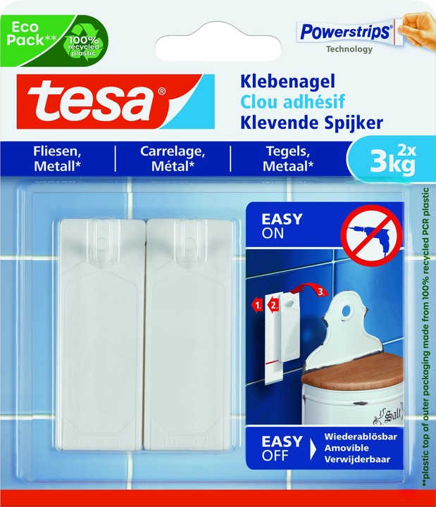 Produktbild tesa Klebenagel für Fliesen & Metall, 3kg Halteleistung, spurlos ablösbar & wiederverwendbar, 4 Nägel