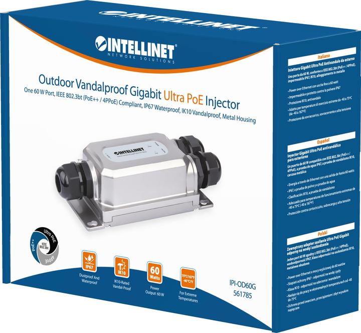Actual product image Intellinet Outdoor Gigabit Ultra PoE Injector with Vandal Protection (802.3bt (PoE++), 802.3at (PoE+), 802.3af (PoE), 60 W)