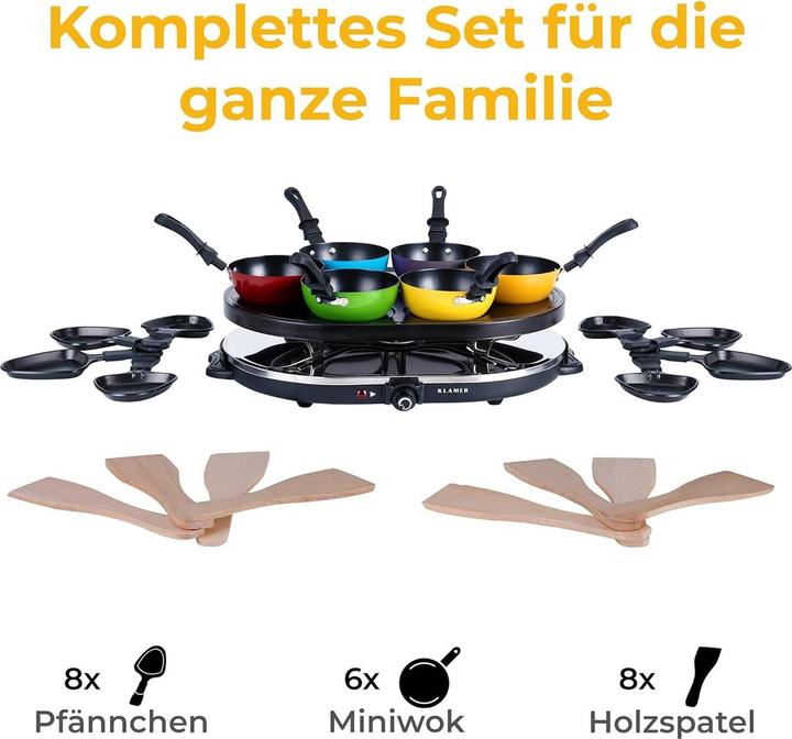 Produktbild KLAMER Raclette-Wok 1200 W – Raclette Grill mit 6 Wokpfännchen & 8 Raclettepfännchen, Antihaftb…