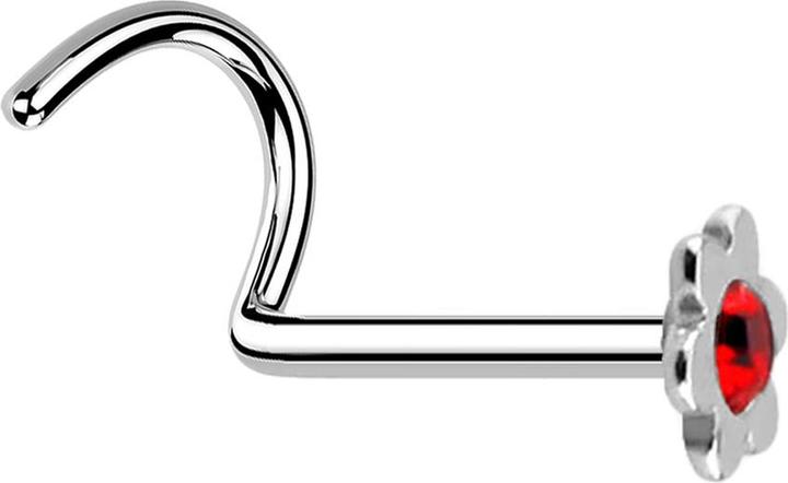 Immagine prodotto Star Piercing Nasenstecker gebogen silber mit Blume und Kristall rot (senza ottone, Acciaio chirurgico 316L)