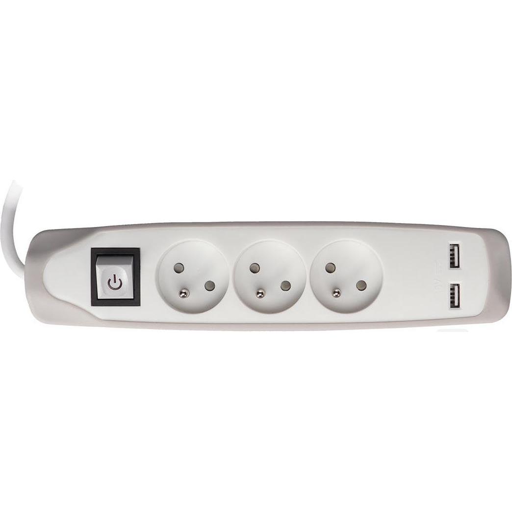 Velleman, Steckdosenleiste, 3-Wege-Steckdose mit Schalter - 2 USB-Anschlüsse - Grau/Weiss - Pin Erde (3 x, CEE 7/5, 1.50...