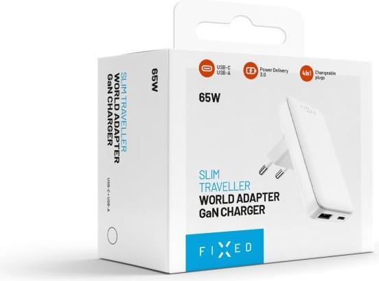Actual product image Fixed Slim Traveller USB-C/USB Travel Charger with world adapters, GaN, 65W, white (65 W, 2 ports)