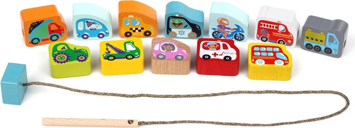 Actual product image Cubika Wood threading game flying cars (German, English, French, Italian)