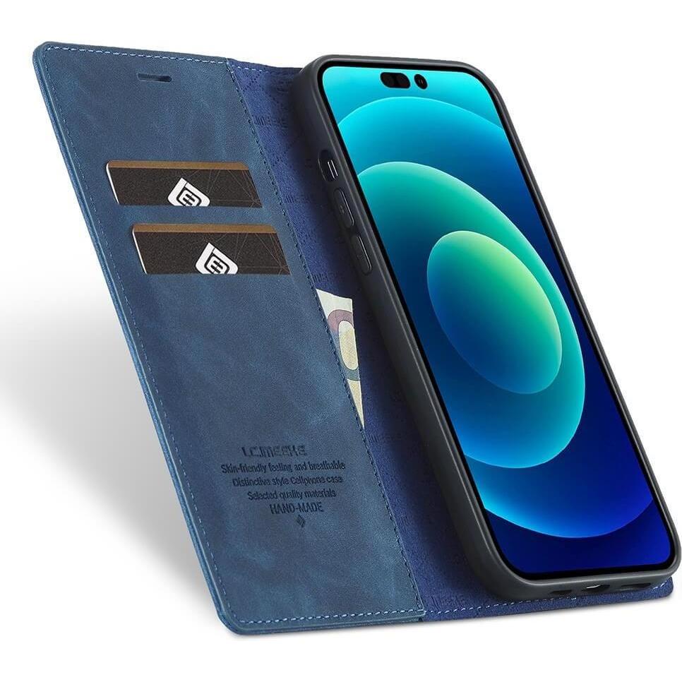 Thumbnail - Cover-Discount iPhone 14 Pro - Vintage Flip Case Etui blau (Apple iPhone 14 Pro), Smartphone Hülle, Blau
