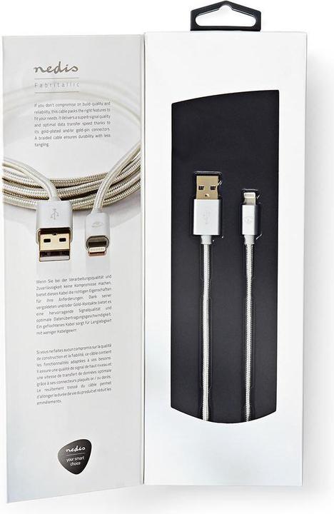 Produktbild Nedis CCTB39300AL10. Produktfarbe: Aluminium, Anschluss 1: USB A, Anschluss 2: Lightning. Verpackungsart: (1 m, USB 2.0)