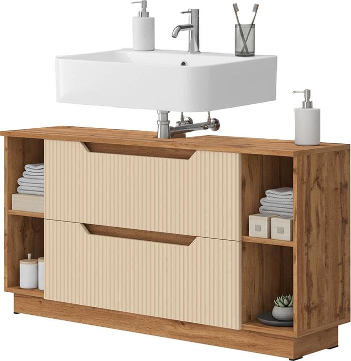 Actual product image Vicco Waschbeckenunterschrank Lotta, Eiche/Kaschmir gestreift, 119.2 x 62.5 cm mit 2 Schubladen (119.20 x 32 x 62.50 cm)