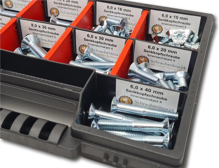 Produktbild Schraubenbox24 Senkkopfschrauben Sortiment M6-M8 // 10mm-40mm 105 tlg. Schraubenbox (105 Schrauben pro Stück)