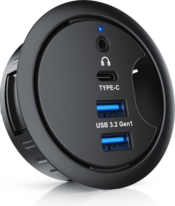 Produktbild CSL Multi Hub für Tischkabeldurchführung: 2x USB 3.2 Gen1, 1x USB-C, 1x 3,5mm Audio, Tischkabeldose (USB-A, 4 Ports)