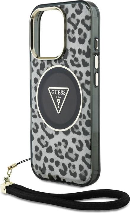 Actual product image Guess HC IML Leopard Triangle Cord Strap MagSafe Case for iPhone 16 Pro Max - Black