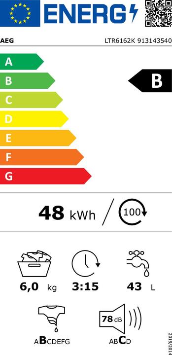 Energie-Label AEG LTR6162K - Wasmachine - Energielabel B - 6 kg - 1200 toeren- Wit (913 143 540) (6 kg)