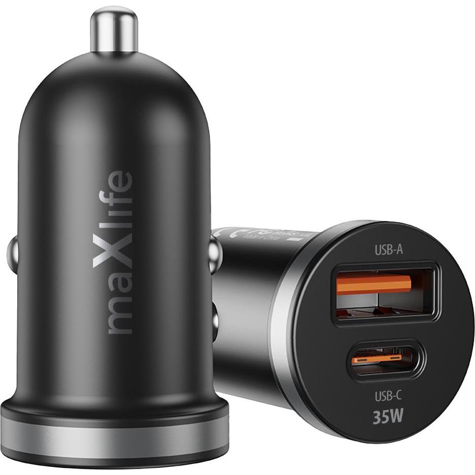 Maxlife MXCC-05 PD QC car charger 1x USB-C 1x USB 35W black, Adattatore per auto, Nero