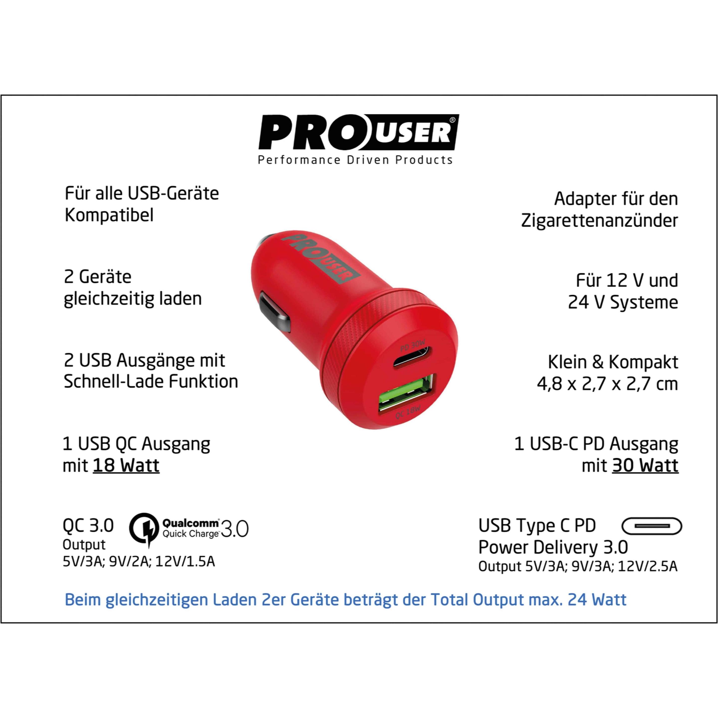 Thumbnail - ProUser Dual KFZ USB-Lader 20163, USB-C u. USB-A (QCPD2B), rot, Auto Adapter, Rot