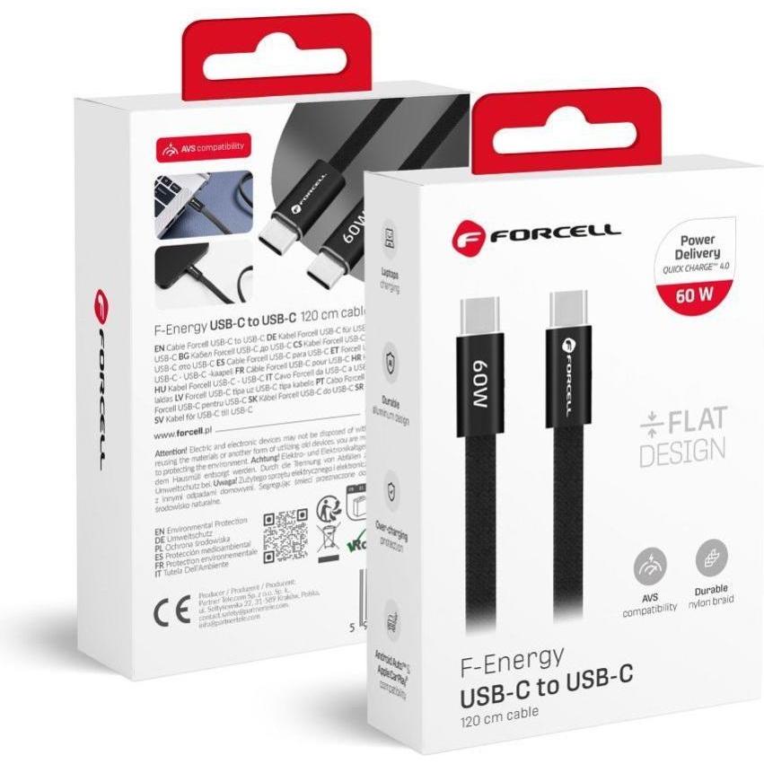 Forcell Cable Cable USB C to USB C F-Energy QC4.0 PD 3A 60W Cafule Flat 1,2 m CCFN23 black (1.20 m, 60 W), Cavo USB