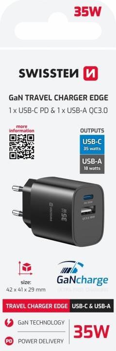 Produktbild Swissten Netzadapter EDGE GaN 35W, 2 Ports, 1x USB-C PD 35W + 1x USB-A 18W QC (35 W, 2 Ports)