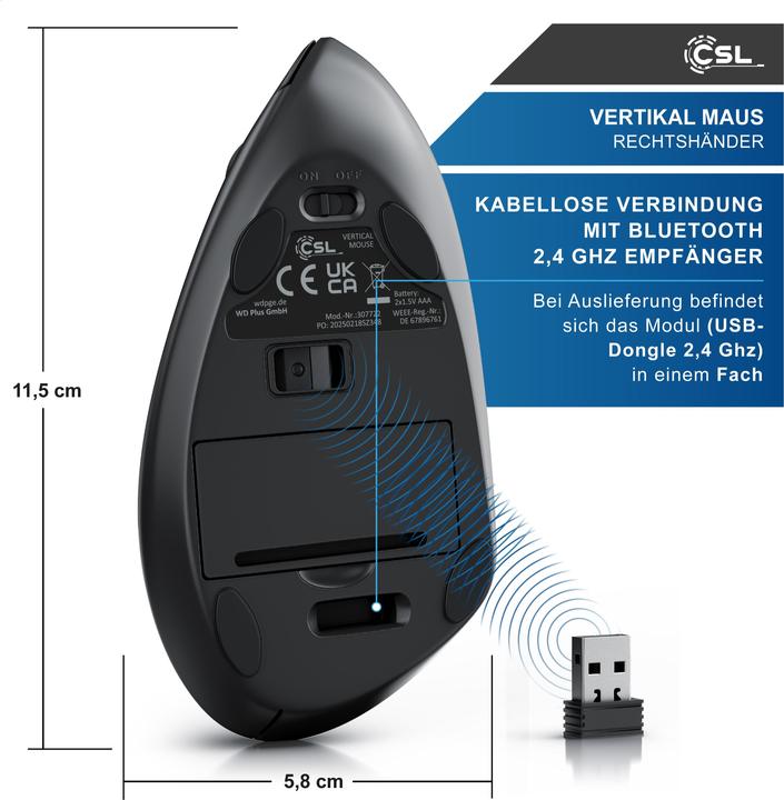 Immagine prodotto CSL Ergonomische Maus Vertikalmaus, 6 Tasten, 800-1600 DPI, Wireless 2,4 Ghz mit USB Dongle, schwarz (Senza fili)