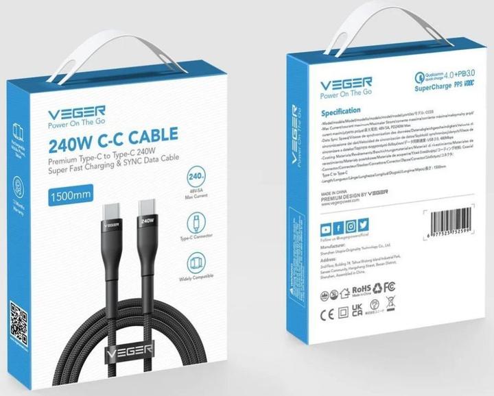 Produktbild Veger Cable Cable Typ C to Typ C PD 5A 240W CC03 1,5 m black (1.50 m, 240 W)