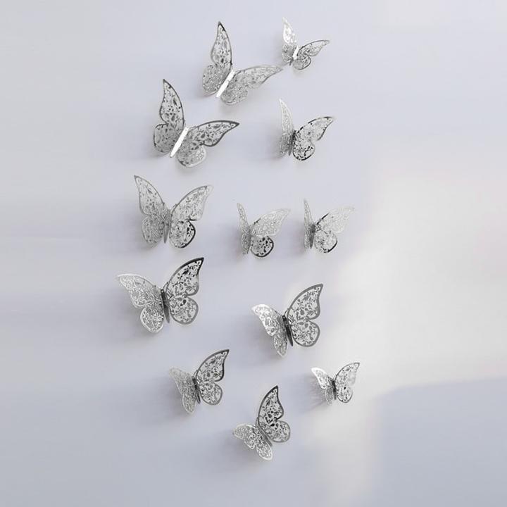 Image du produit JTI 12 pièces de papillons 3D en métal, décoration murale - feuille d'argent