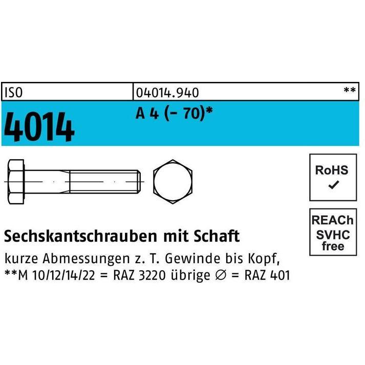 Schrauben, Sechskantschraube DIN 931 m.Schaft M 20 x 300 A 4 (- 70) (1 Schrauben pro Stück)