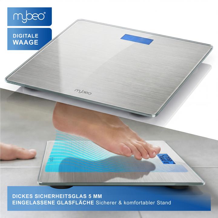 Actual product image Mybeo Personenwaage digital, max.180 kg Belastung, Trittfläche aus 6mm Sicherheitsglas, schmales Design (180 kg)