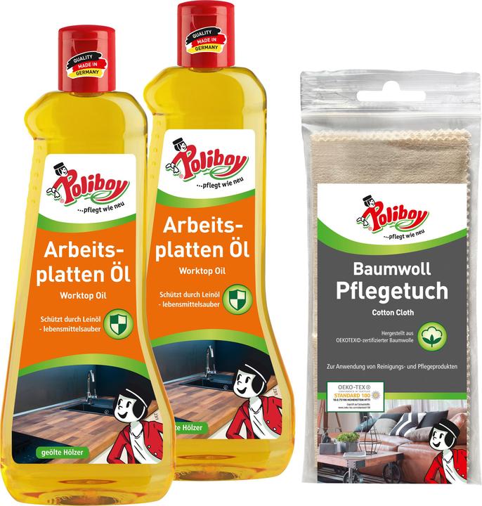 Poliboy Arbeitsplatten Öl - 2x500ml - mit Baumwolltuch (1 l)