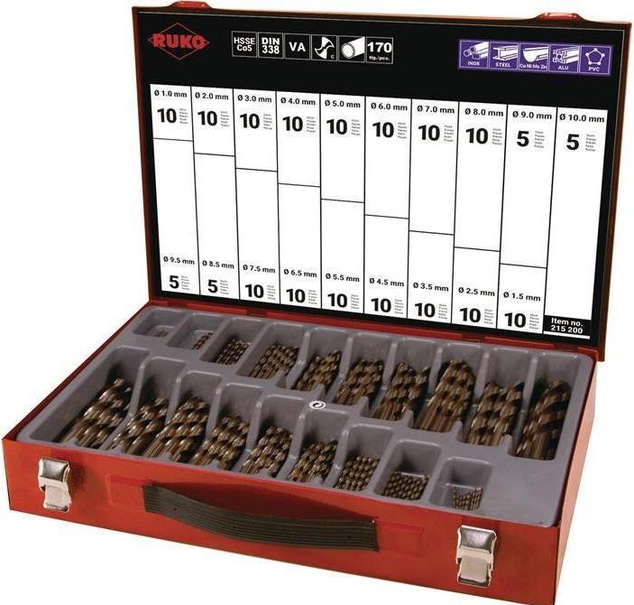Ruko Draaiboormagazijn DIN 338 type N 1-10 mm oplopend met 0,5 mm HSS-Co5 170 stuks (1,0-10 mm)