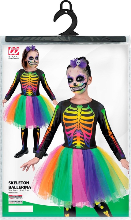 Produktbild Widmann Skelett Ballerina Kleid mit Tutu, Haarreif mit Schleife und Totenkopf (140)
