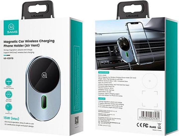 Produktbild Usams Uchwyt indukcyjny Magnetic Car Wireless Charging 15W do kratki went. szary/grey CD170DZ01 (US-