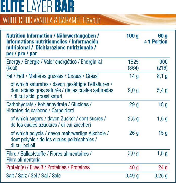 Produktbild Dymatize Elite Layer (Weisse Schokolade, Caramel, Vanille, 18 Stk., 1080 g)