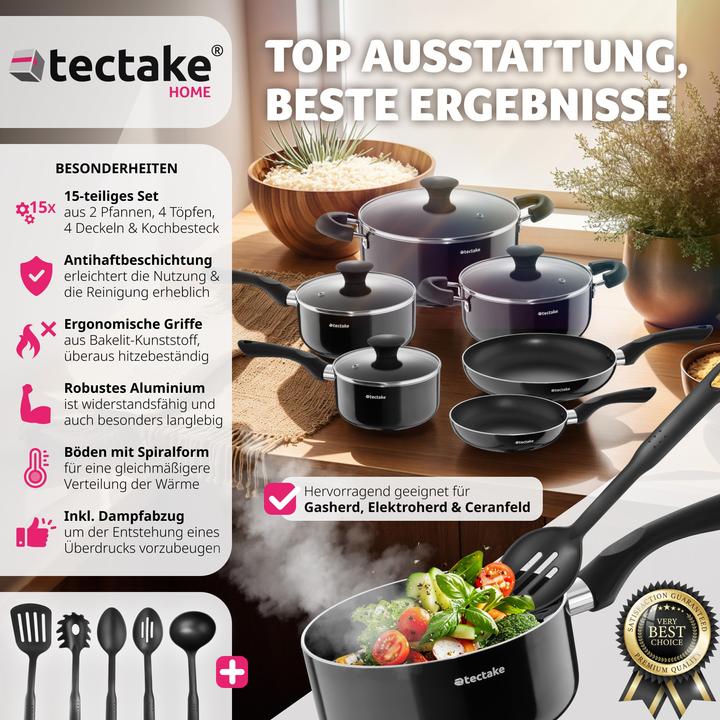 Image du produit tectake Set de pots Varese, en aluminium avec capuchons en vetro, 15 pièces (26 cm, Ensemble de casseroles et de poêles de cuisson, Aluminium)