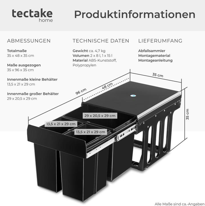 Actual product image tectake Abfallsammler Ashlyn, 3-fach Trennung, 31L, Teleskopschienen