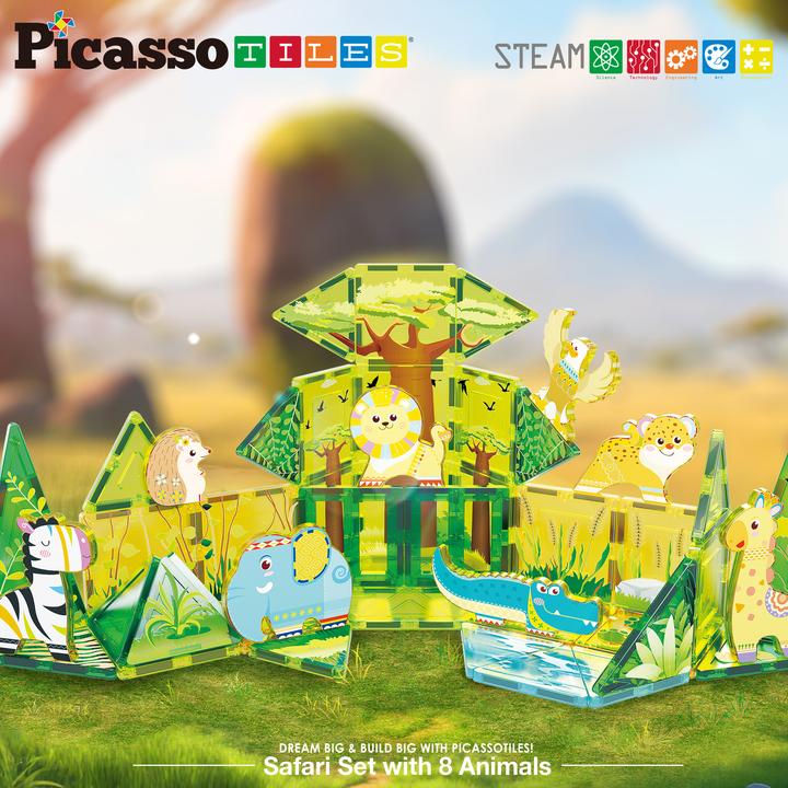 Productafbeelding PicassoTiles Picasso Tiles - Safari themed set with 8 animals (46 pcs) (PTQ12)