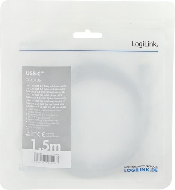 Actual product image LogiLink CUA0106 USB 3.2 Cable C/M to C/M, PD3, alu, black/grey, 1.5 m (1.50 m, USB 2.0, 100 W)