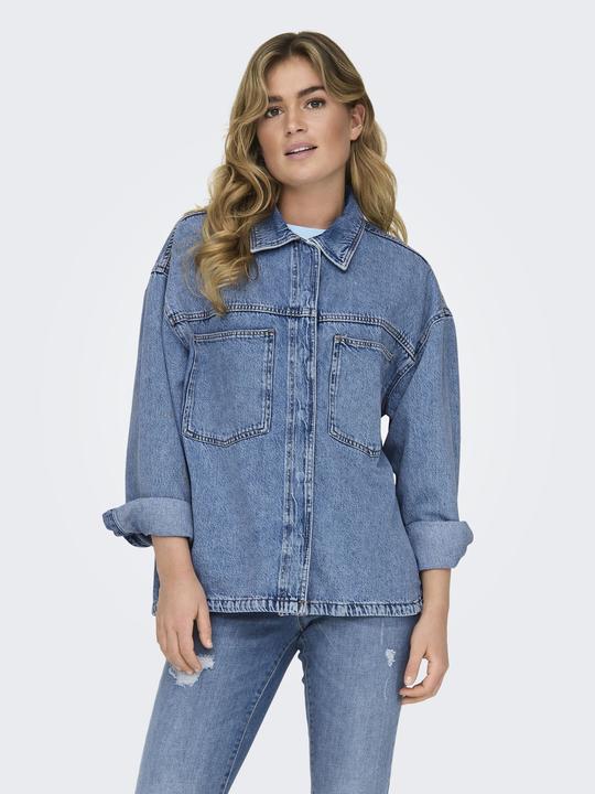 Produktbild Only Normal geschnitten Hemdkragen Ärmelbündchen mit Knopf Tief angesetzte Schulter Jeanshemd Jeanshemd (L)