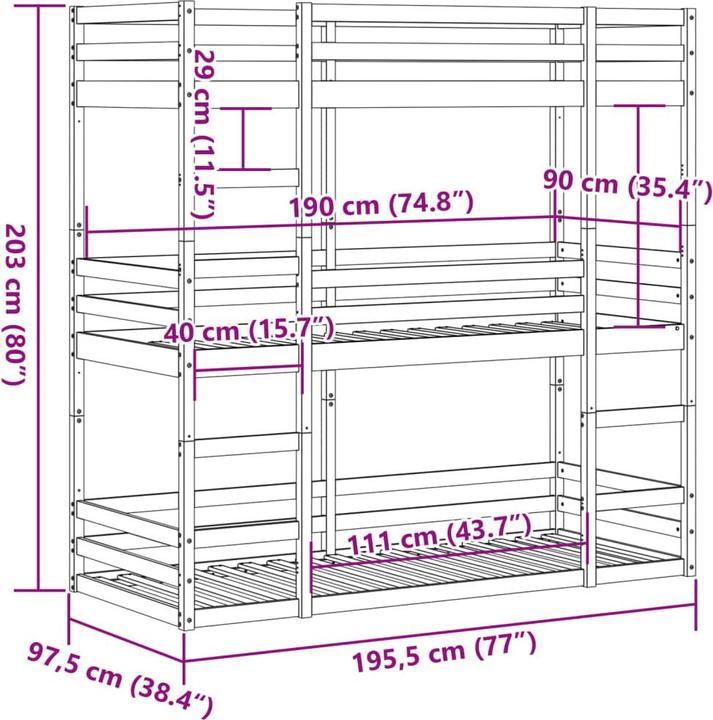 Immagine prodotto vidaXL Letto a castello triplo (90 x 190 cm)
