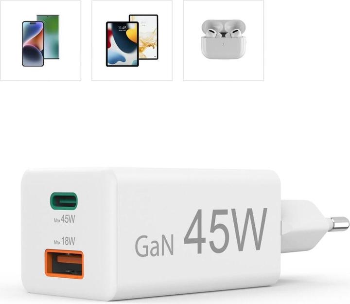 Produktbild Hama Schnellladegerät, 1x USB-C PD, 1x USB-A QC, Mini-Ladegerät, 45 W, Weiss (45 W, 2 Ports)