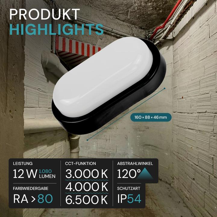 Image du produit Luxula LED-Kellerleuchte, 12W, EEK: F, 1080lm, CCT, IP54, schwarz (1080 lm)