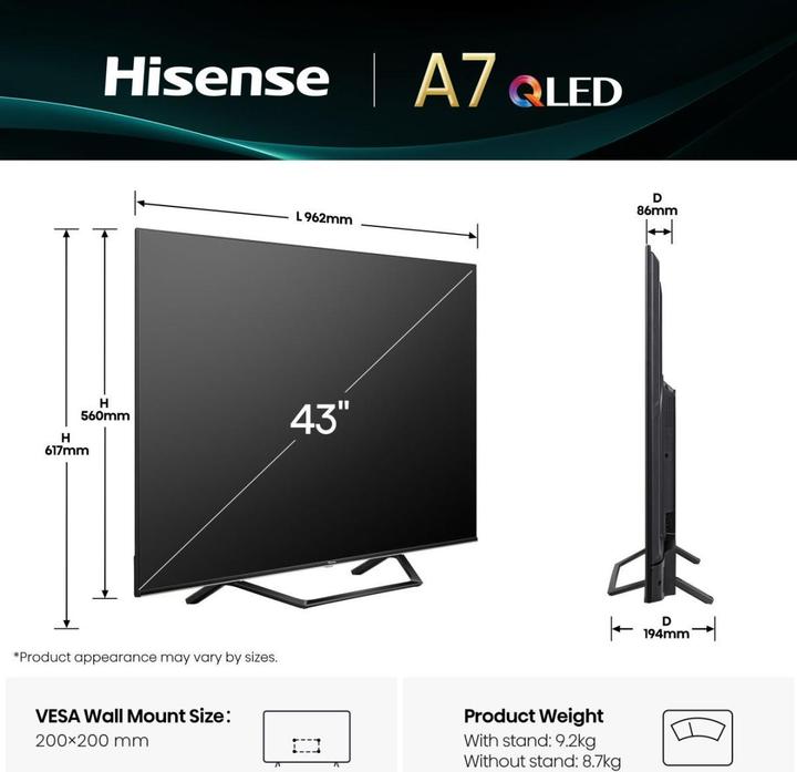 Immagine prodotto Hisense TV 43A7Q (43", QLED, 4K, 2025)