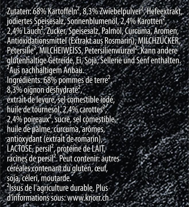 Nutritional values and ingredients Knorr Suprême Quick Soup potato soup with leeks, like fresh from the garden, quickly prepared